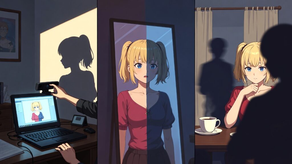 Illustration of a young woman nervously setting up her first webcam stream in a small apartment