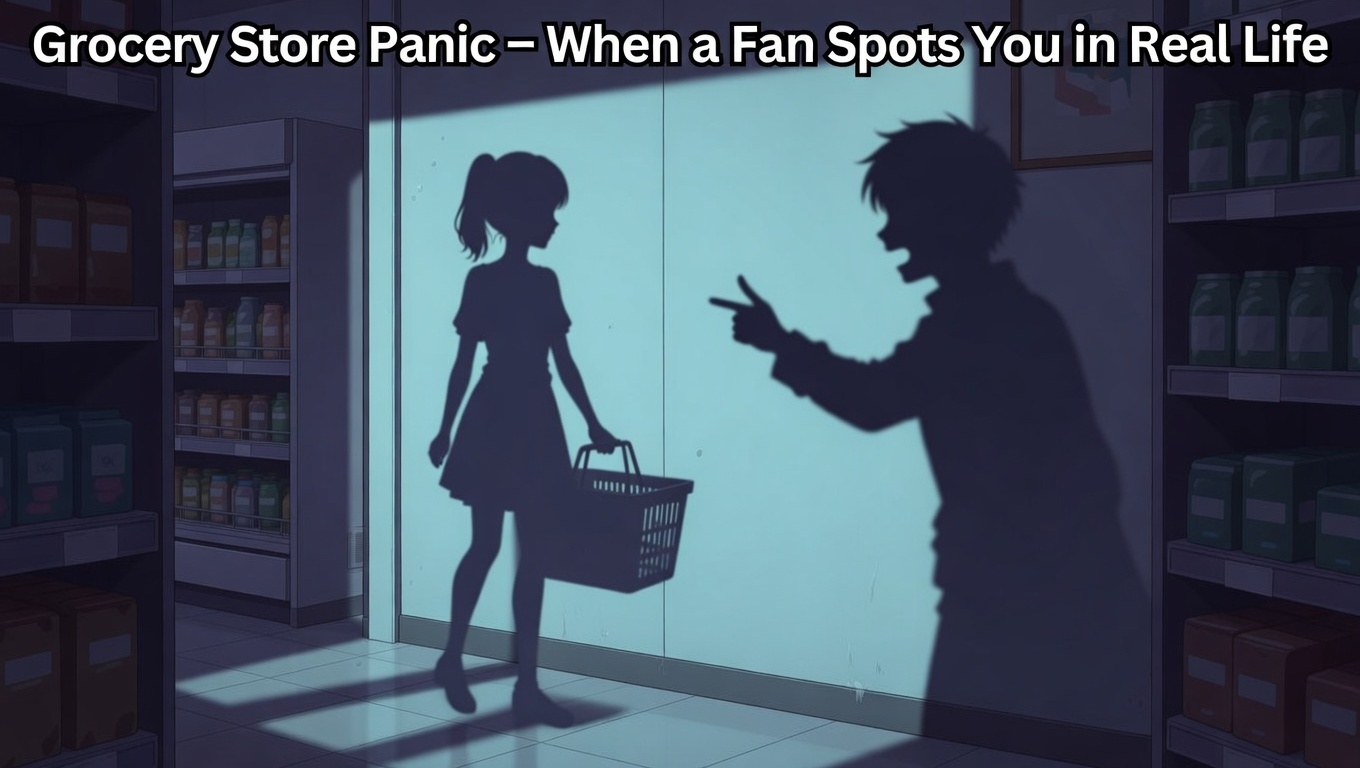 Emotional illustration of a cam girl frozen in a grocery aisle, wide-eyed shock as someone recognizes her