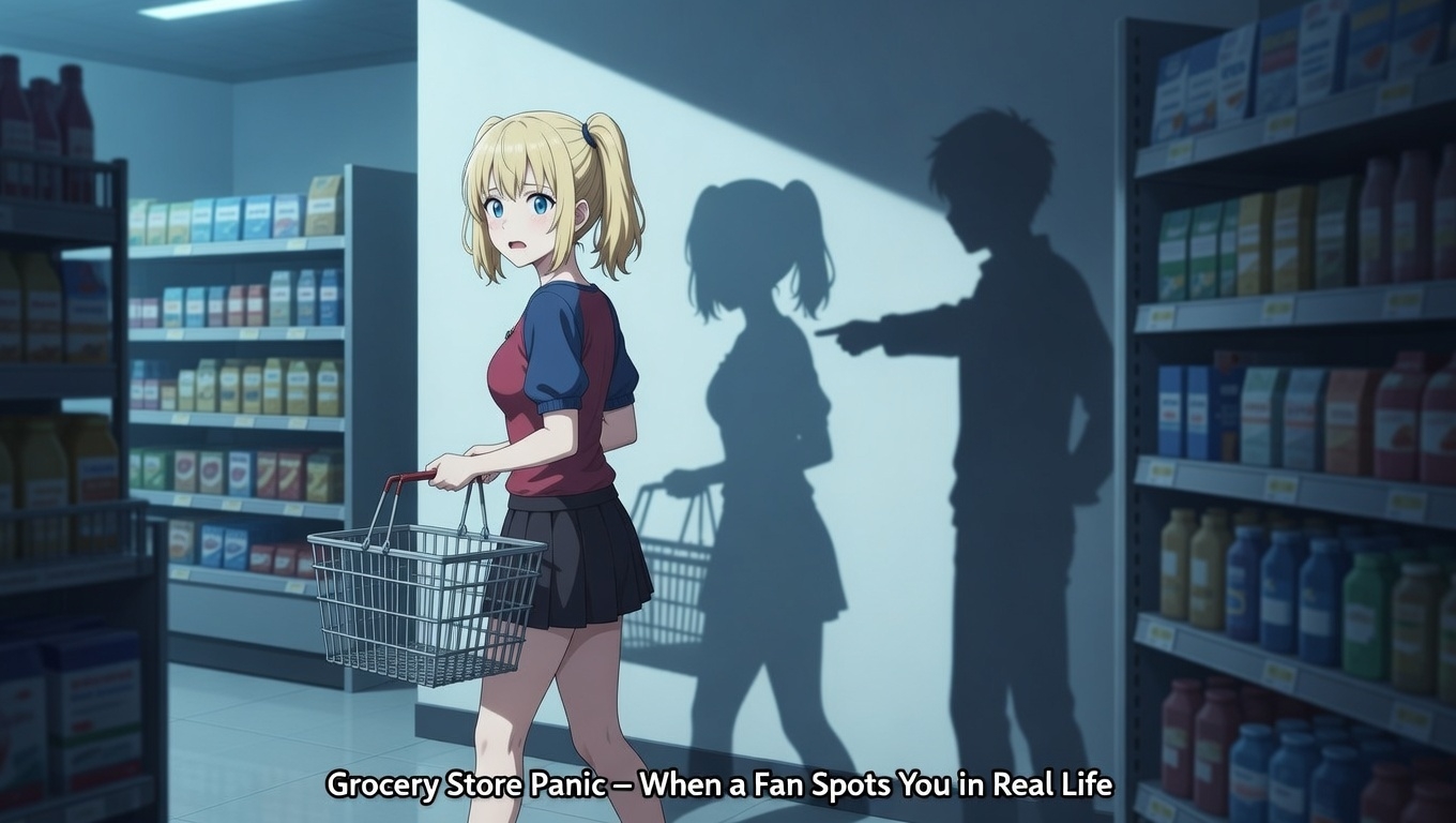 Illustration of a camgirl in casual hoodie pushing a shopping cart in a grocery store, looking over her shoulder