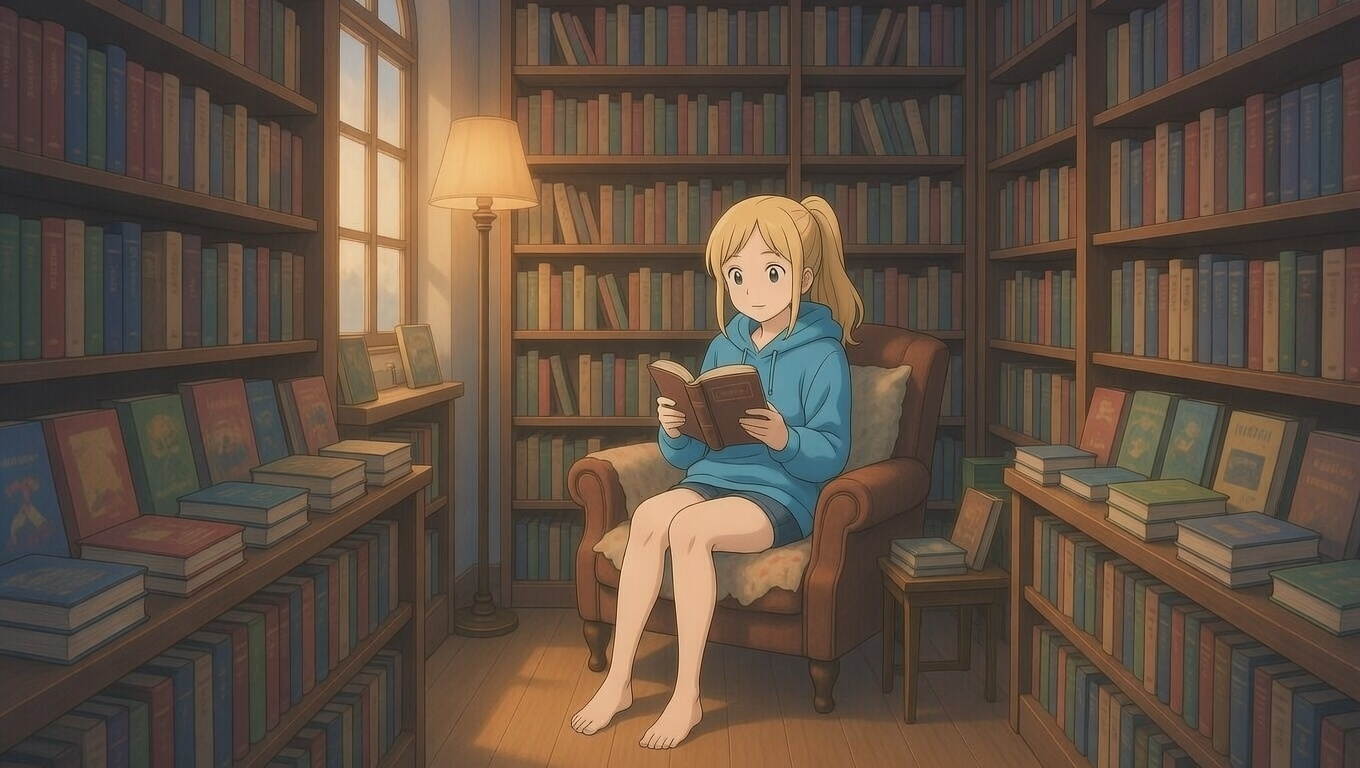 Illustration of a blonde woman sitting in a cozy bookstore corner surrounded by shelves, lost in a sexy girl video chat book