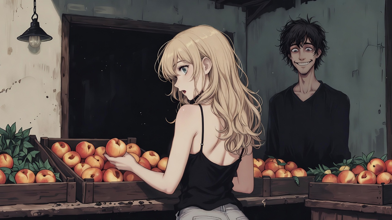 Shadowy illustration of a woman at a market stall, heart-shaped shadow cracking behind her, mixed feelings of longing and resolve