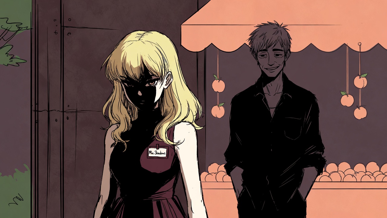 Illustration of a woman frozen in a busy farmers market, facing her ex, shadows of past and present overlapping