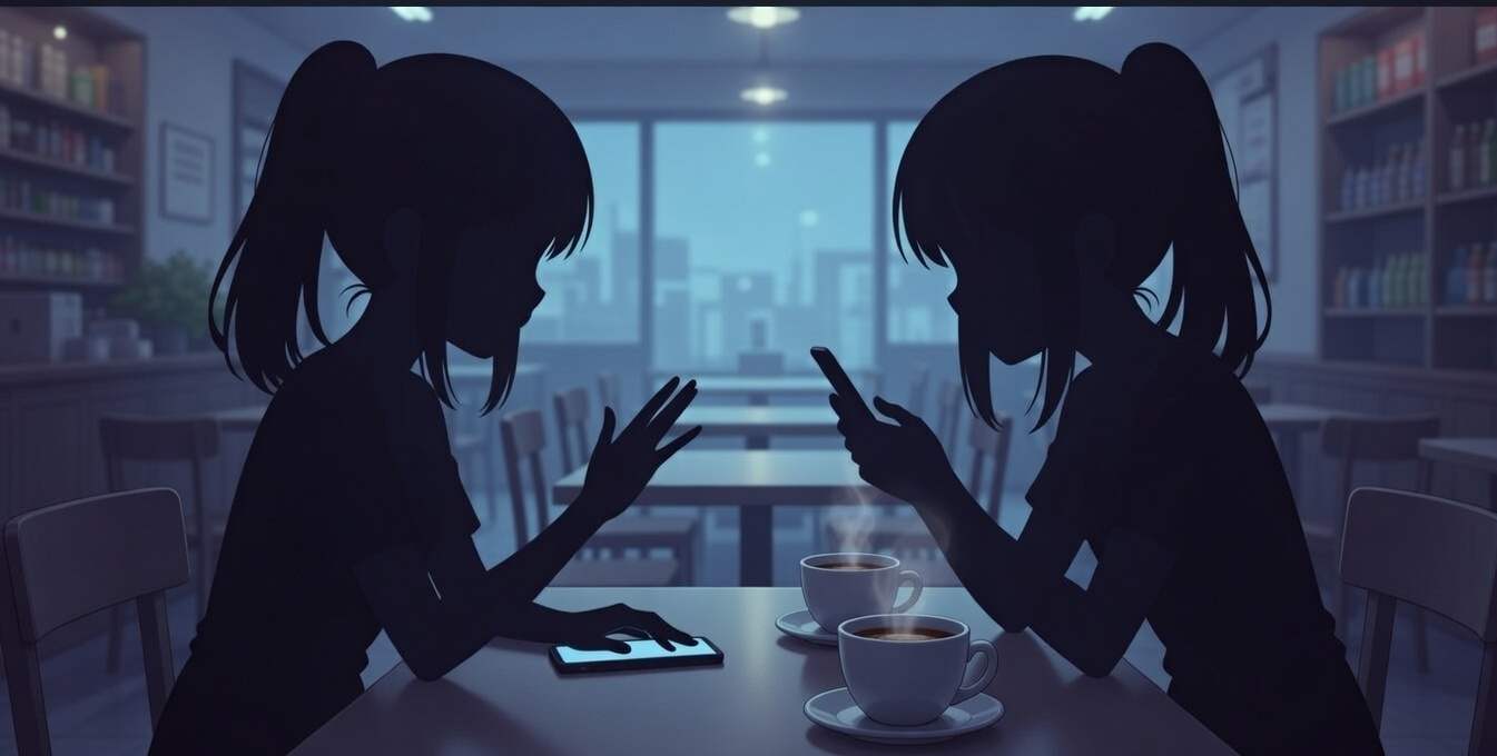 Illustration of a camgirl sitting nervously at a cafe table with a friend, hiding her phone