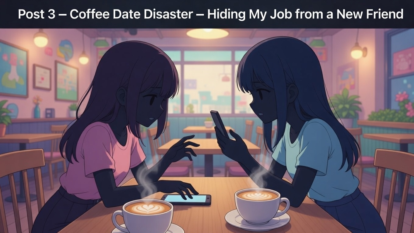 Emotional illustration of a camgirl at a cafe, looking down with tears in her eyes while hiding her secret