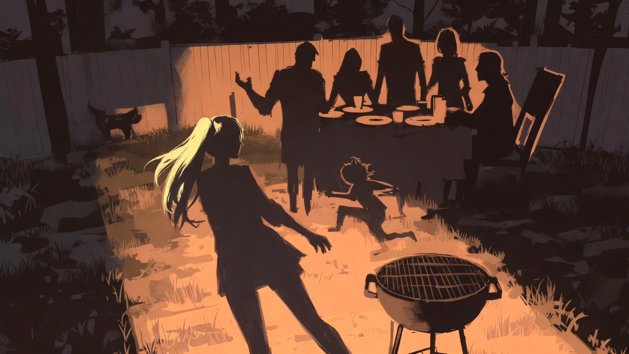 Abstract video shadow illustration of a backyard barbecue with family silhouettes around a grill, one figure standing apart in quiet tension