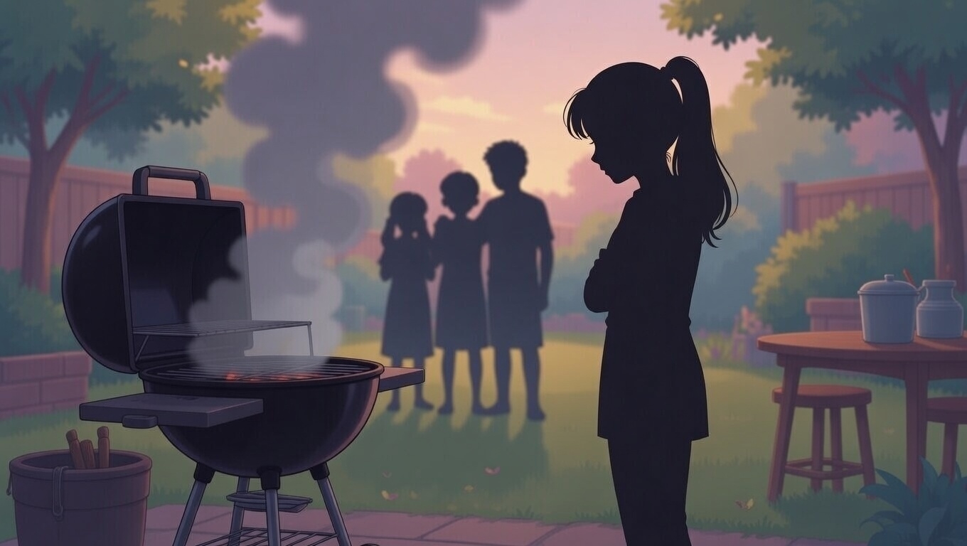 Shadowy illustration of a barbecue grill with smoke rising, family silhouettes in the background, one figure standing alone in quiet emotional conflict