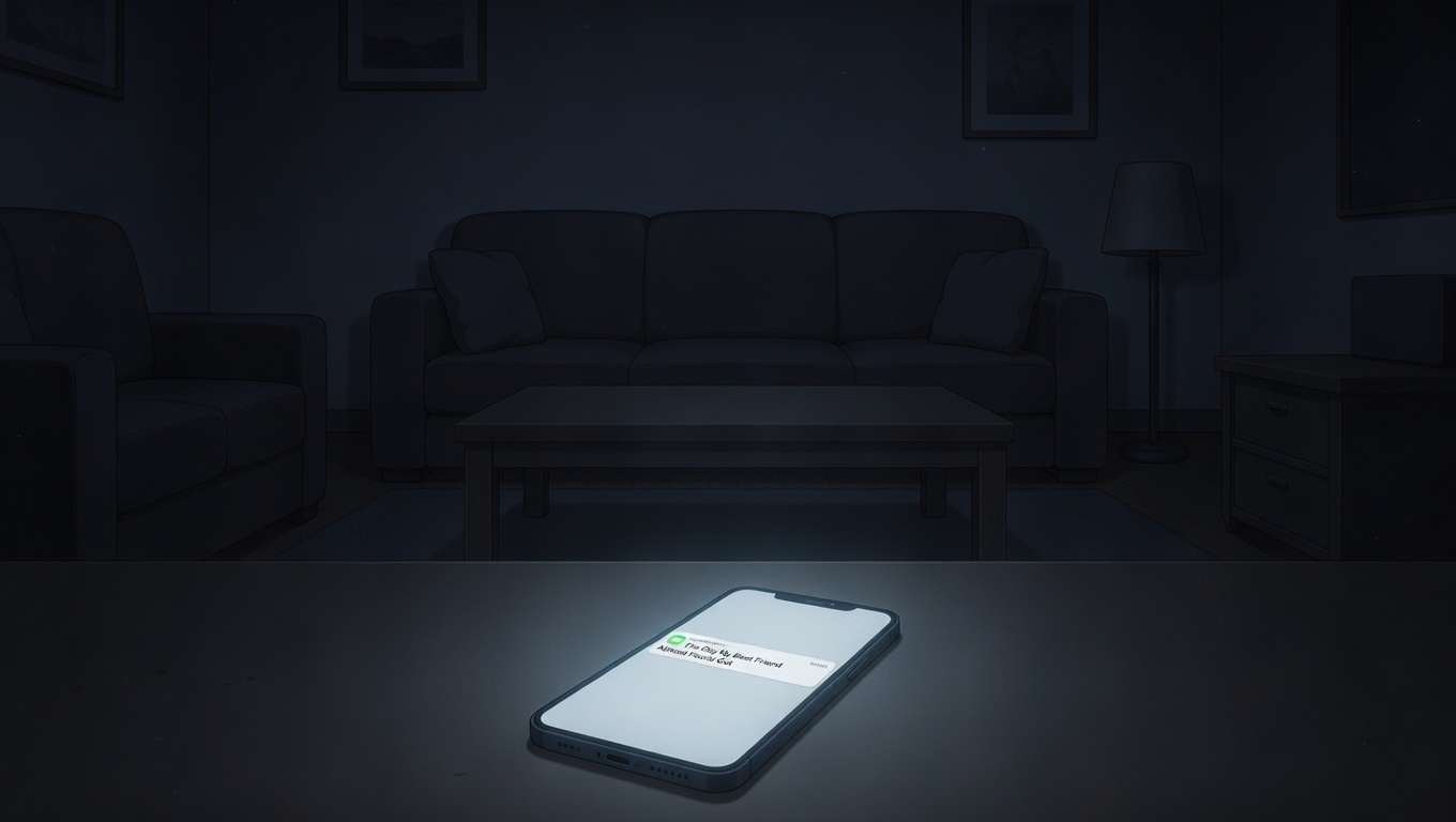 Shadowy illustration of a phone screen glowing with a notification in a dark living room, tension in the air