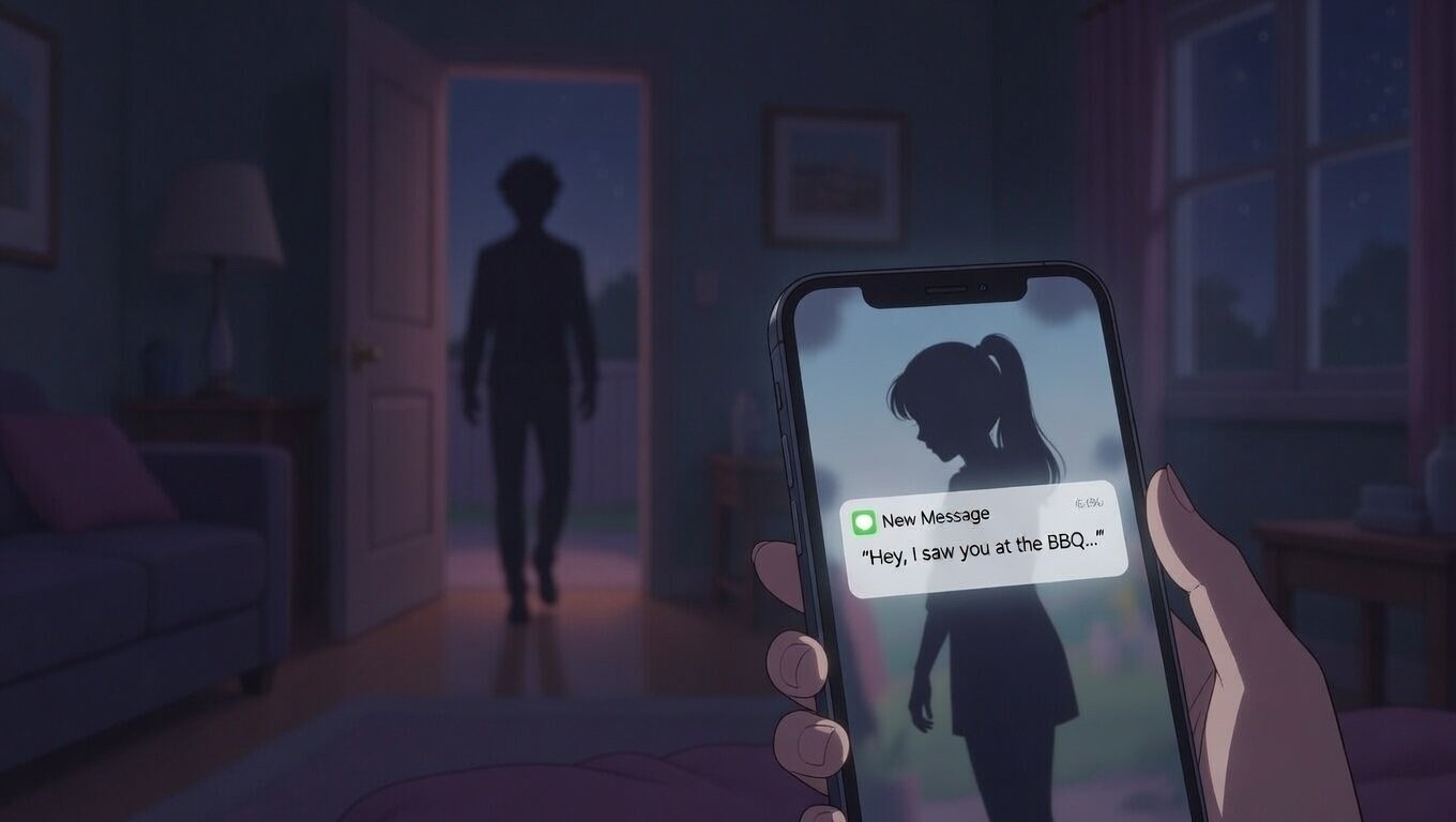 Abstract shadow illustration of two friends video chat on a couch, one figure tense with a glowing phone, shadows of doubt between them