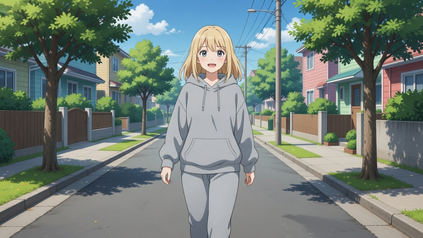 Shadowy illustration of a blonde woman in sweatpants and hoodie walking down a quiet street, feeling both free and exposed