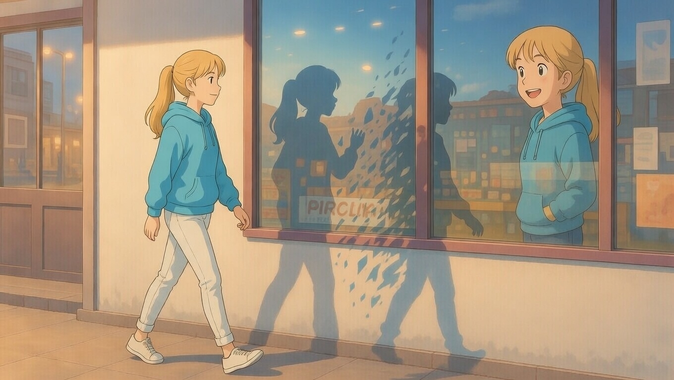 Abstract shadow illustration of a woman in casual sexy clothes walking past a shop window reflection, shadows showing inner conflict