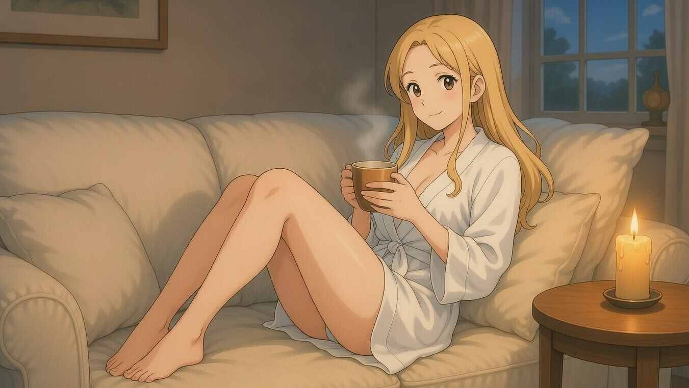 Illustration of a sexy blonde woman curled up on a couch with tea and candlelight, peaceful weekend off vibe. No video chat day