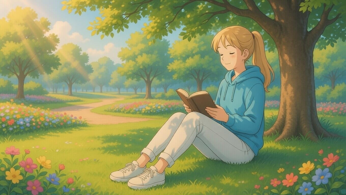 Shadowy sexy girl video chat of a woman reading under a tree in a sunny park, feeling calm and free