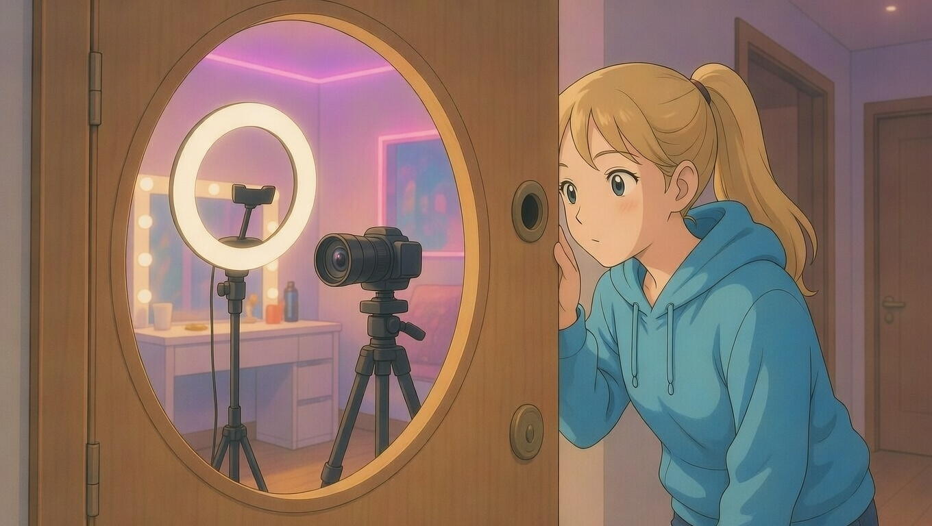 Shadowy illustration of a woman peeking through a door peephole, ring light and sexy girl video chat setup visible in the background