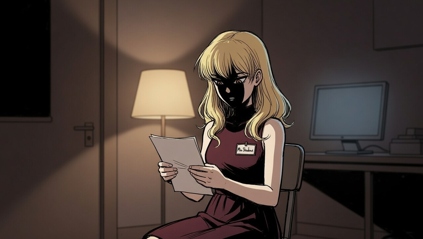 Illustration of a woman in soft lamplight holding a letter, thoughtful expression before a webcam