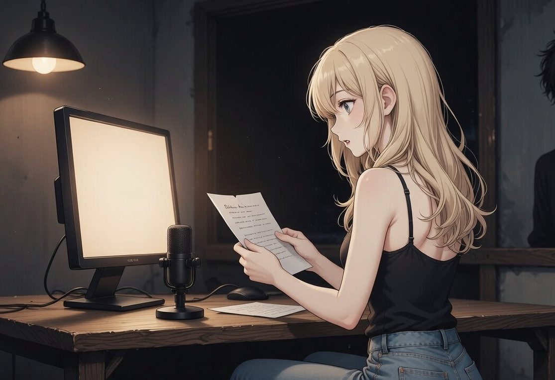 Shadowy illustration of a woman in low light after a private show, tears of quiet emotion, feeling moved