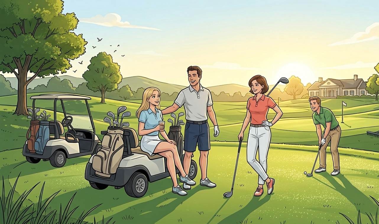 Shadowy illustration of four people playing golf together on a sunny course, relaxed and happy atmosphere