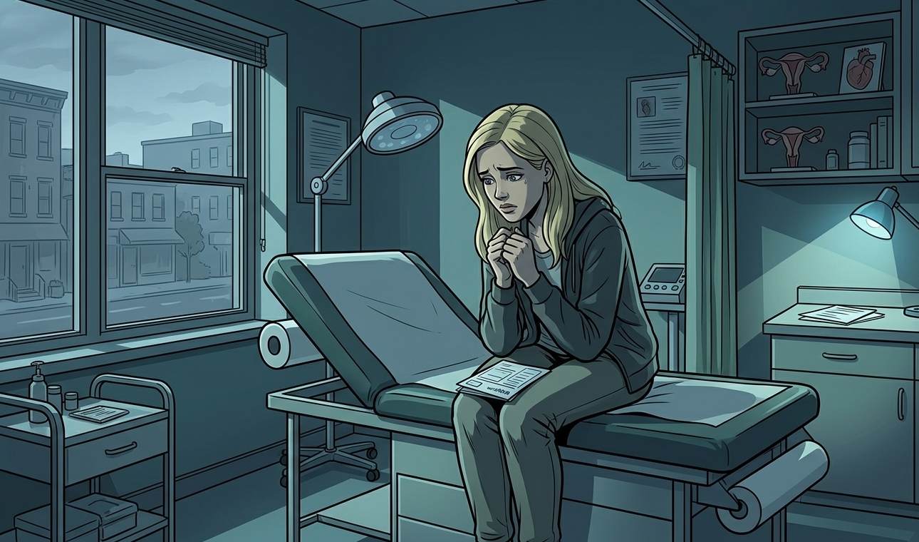 Mia Shadows sitting in a gynecologist's office, looking worried and alone