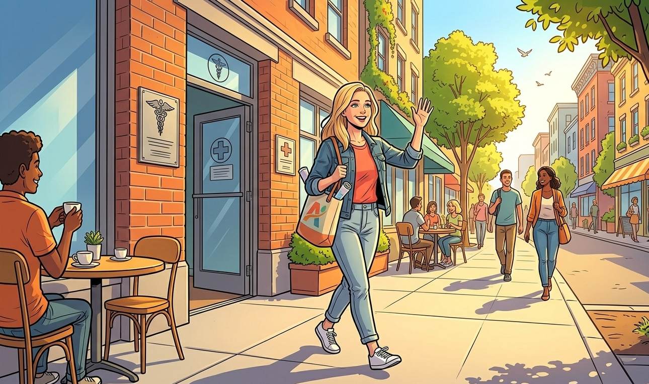 Illustration of a woman exiting gynecologist full of hope