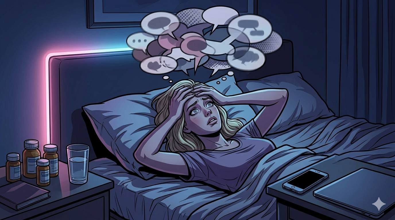 Shadowy illustration of a woman lying awake in bed at night, looking worried and overwhelmed by her thoughts