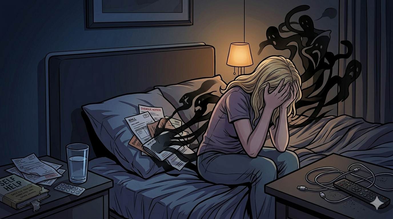 Shadowy illustration of a woman sitting on her bed after a long private show, looking tired but relieved