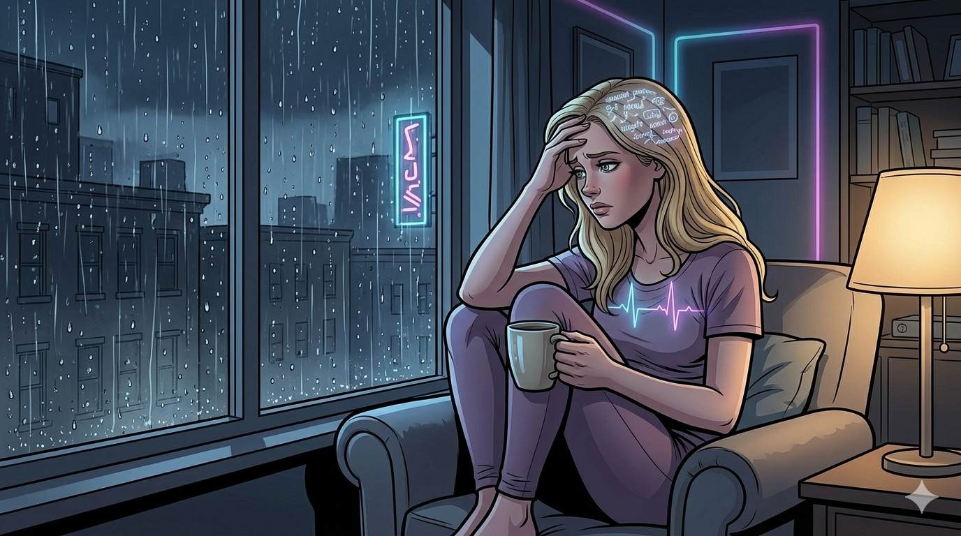 Illustration of Mia Shadows sitting by a rainy window, holding coffee, lost in deep thought and inner conflict