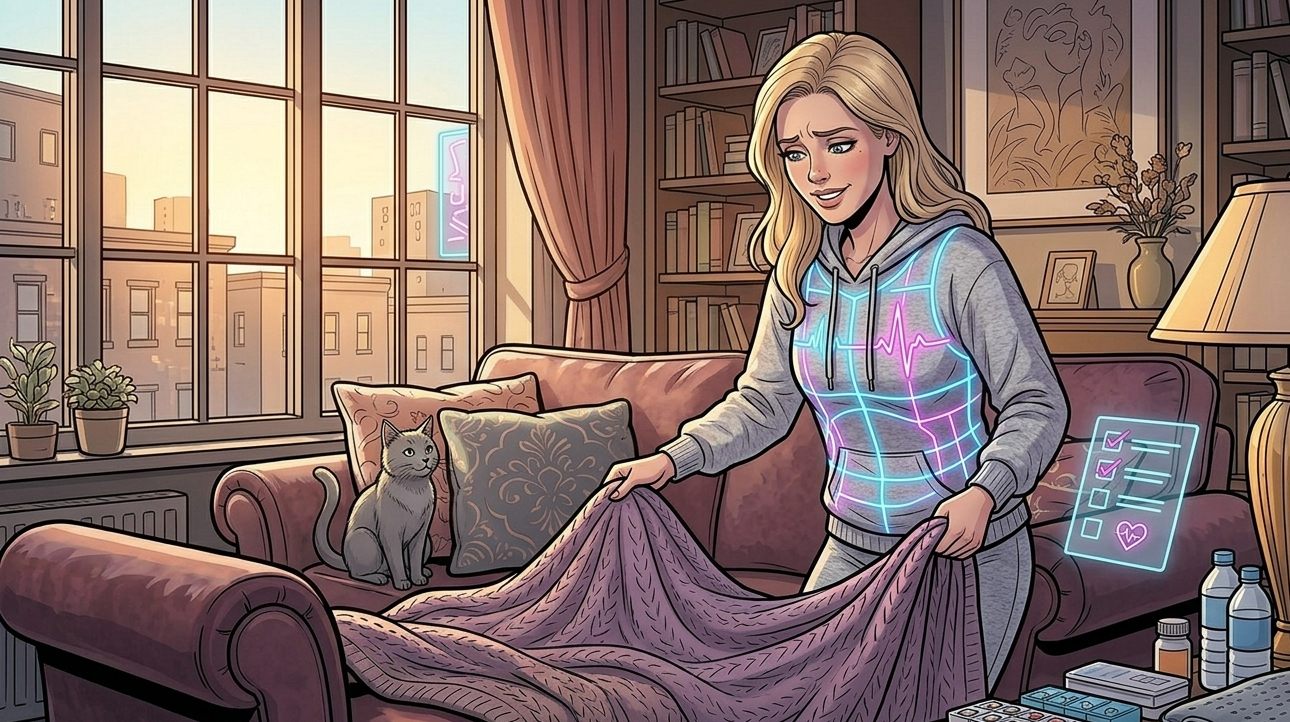 Illustration of Mia Shadows preparing her apartment for recovery, looking nervous but determined